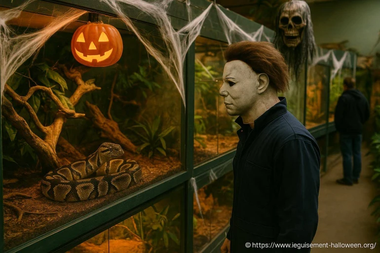 Visite du vivarium décoré pour halloween avec reptiles exotiques en bretagne