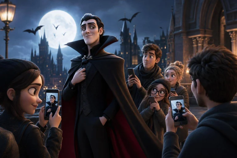 Personnage vampire photographié par des adolescents