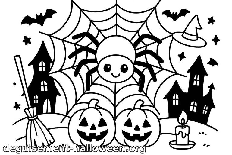 Coloriage d'Halloween araignée et citrouilles