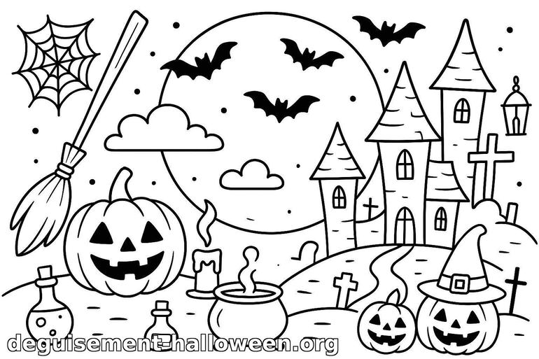 Coloriage d'Halloween avec citrouilles et château hanté
