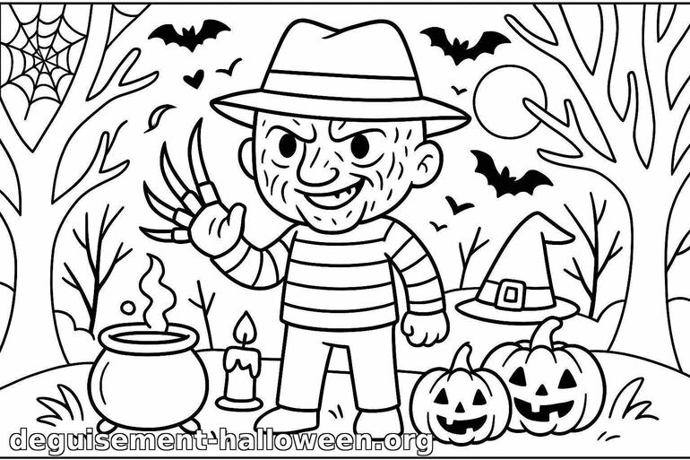 Coloriage d'Halloween : personnage effrayant dans la forêt