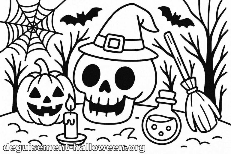 Coloriage de Halloween : crâne et citrouille