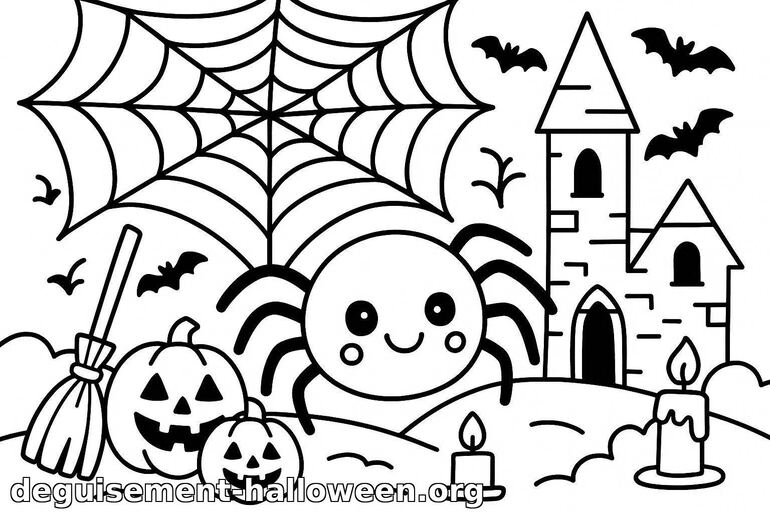 Coloriage Halloween araignée et citrouilles