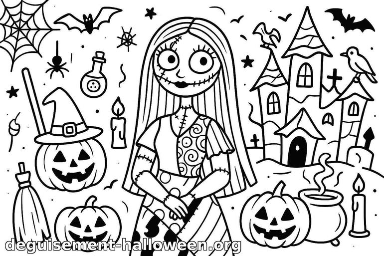 Coloriage Halloween effrayant avec citrouilles et sorcière