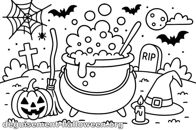 Coloriage Halloween sorcière et chaudron
