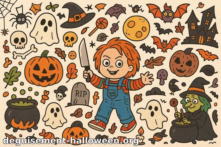 Coloriage d'Halloween avec Chucky et sorcière