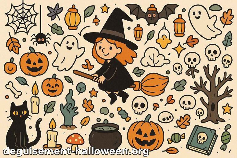 Coloriage de sorcière et décorations d'Halloween