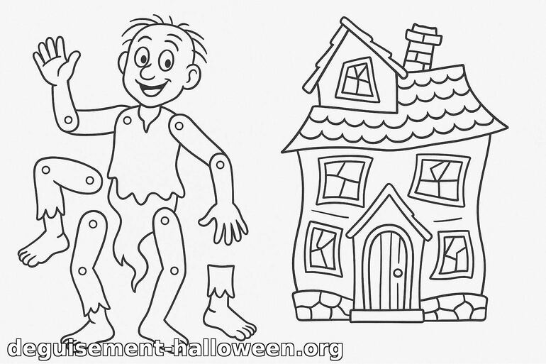 Coloriage de zombie rigolo et maison hantée