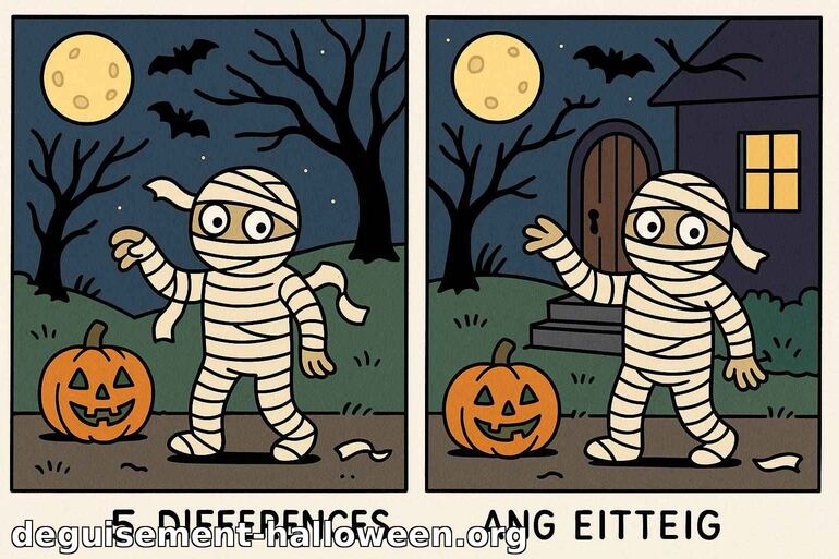 Jeu des 5 différences Halloween : momie et citrouille