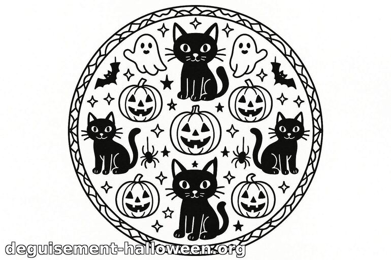 Coloriage Halloween : Chats noirs et citrouilles