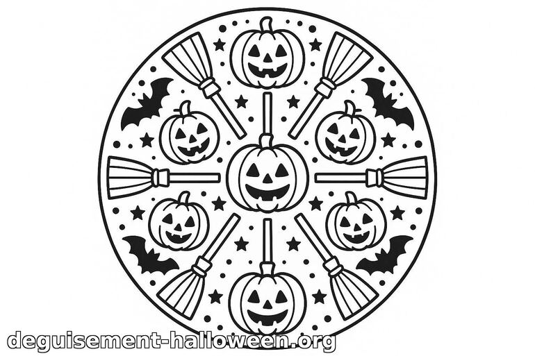 Coloriage Mandala Halloween Citrouilles et Balais