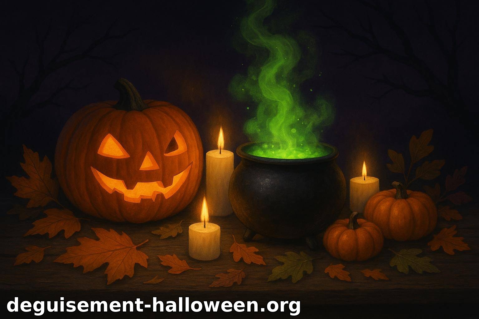 Décor Halloween avec citrouille et chaudron magique