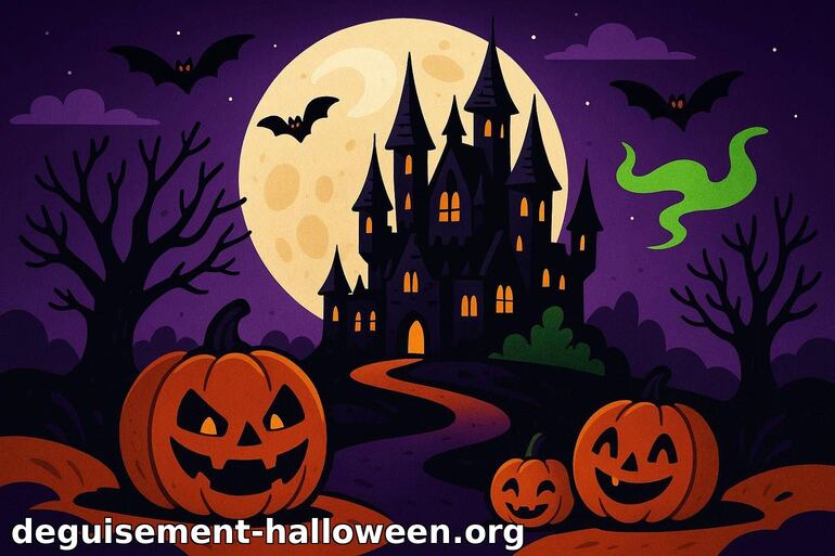 Illustration Halloween : Château hanté et citrouilles