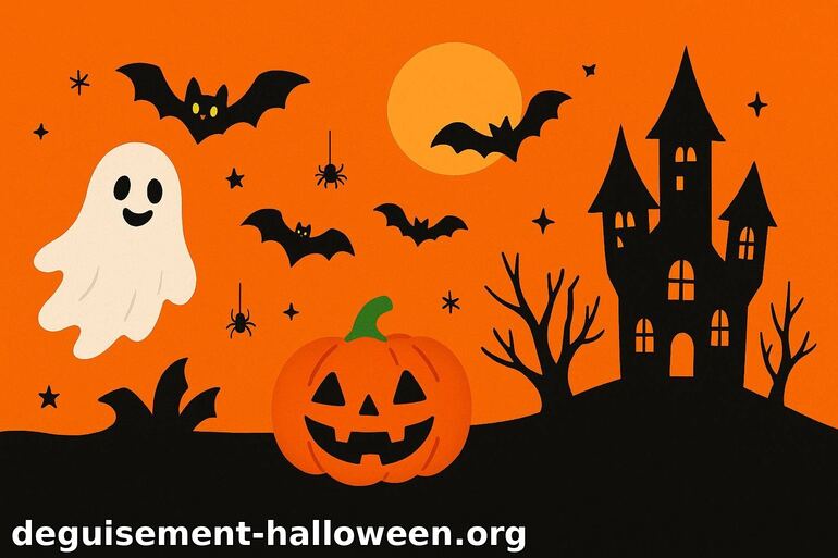 Illustration Halloween : château hanté, fantôme et citrouille