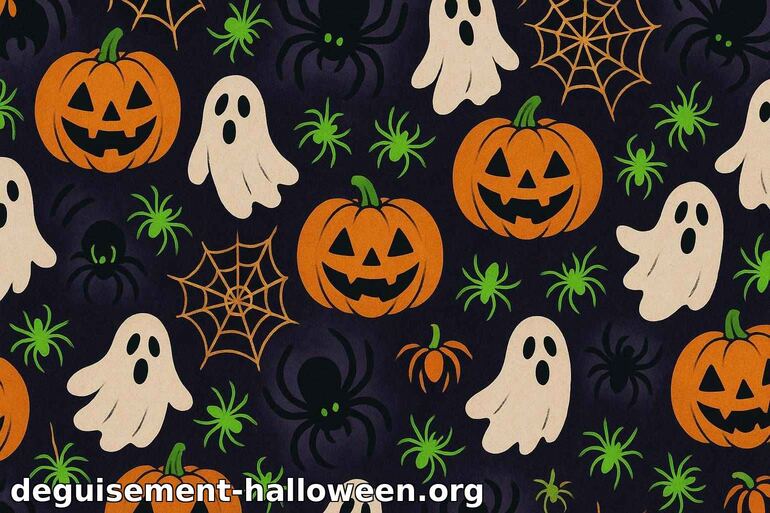 Motif Halloween avec citrouilles, fantômes et araignées