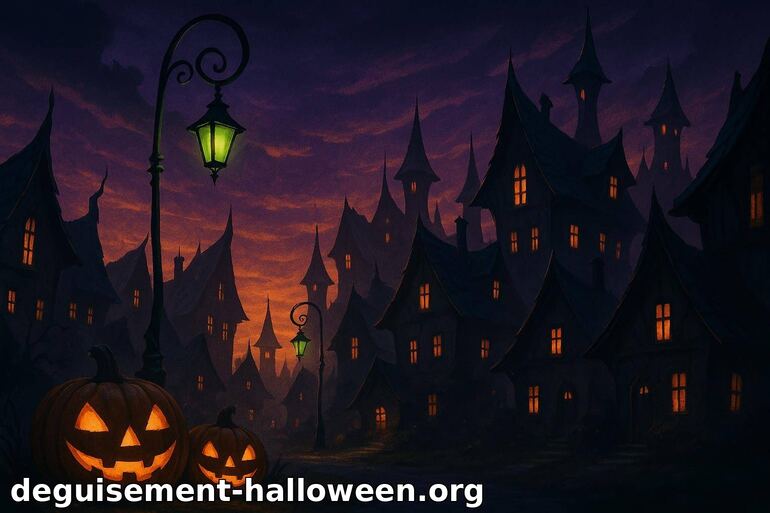 Village d'Halloween avec citrouilles illuminées