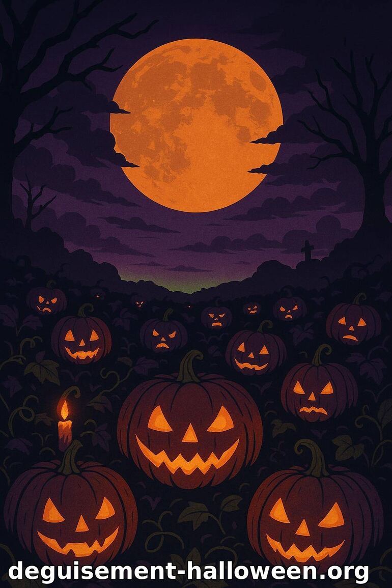 Champ de citrouilles d'Halloween sous la pleine lune