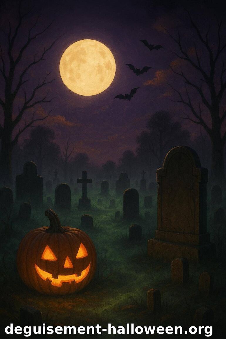 Cimetière d'Halloween avec citrouille et pleine lune