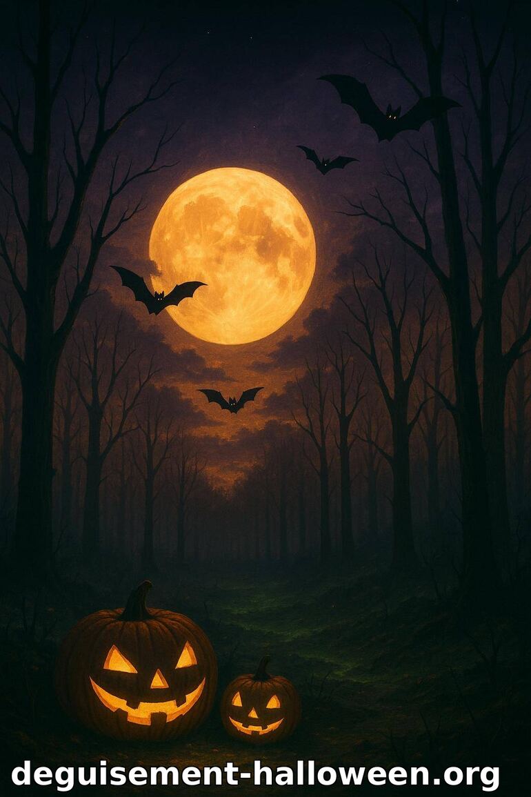 Forêt d'Halloween avec citrouilles et chauves-souris