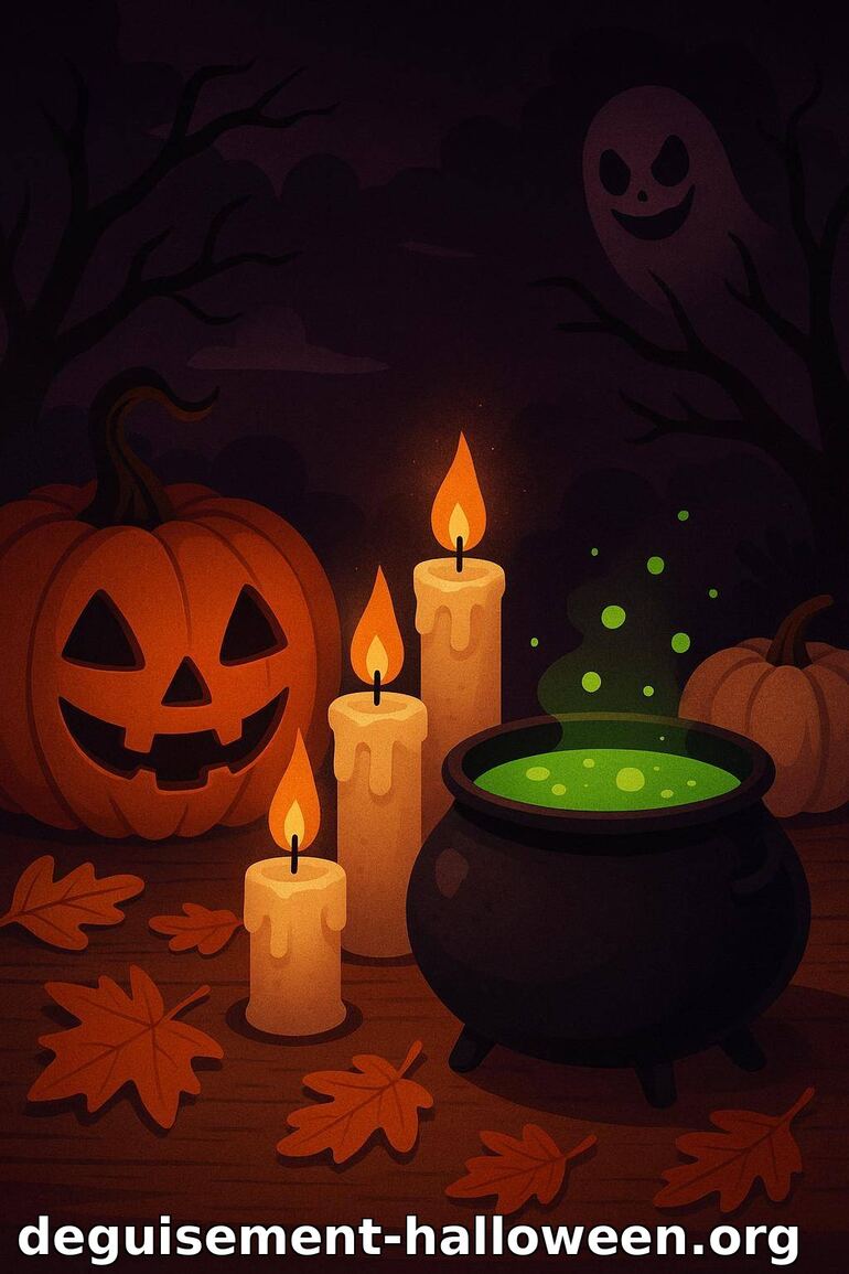 Illustration Halloween : citrouille, bougies et chaudron magique