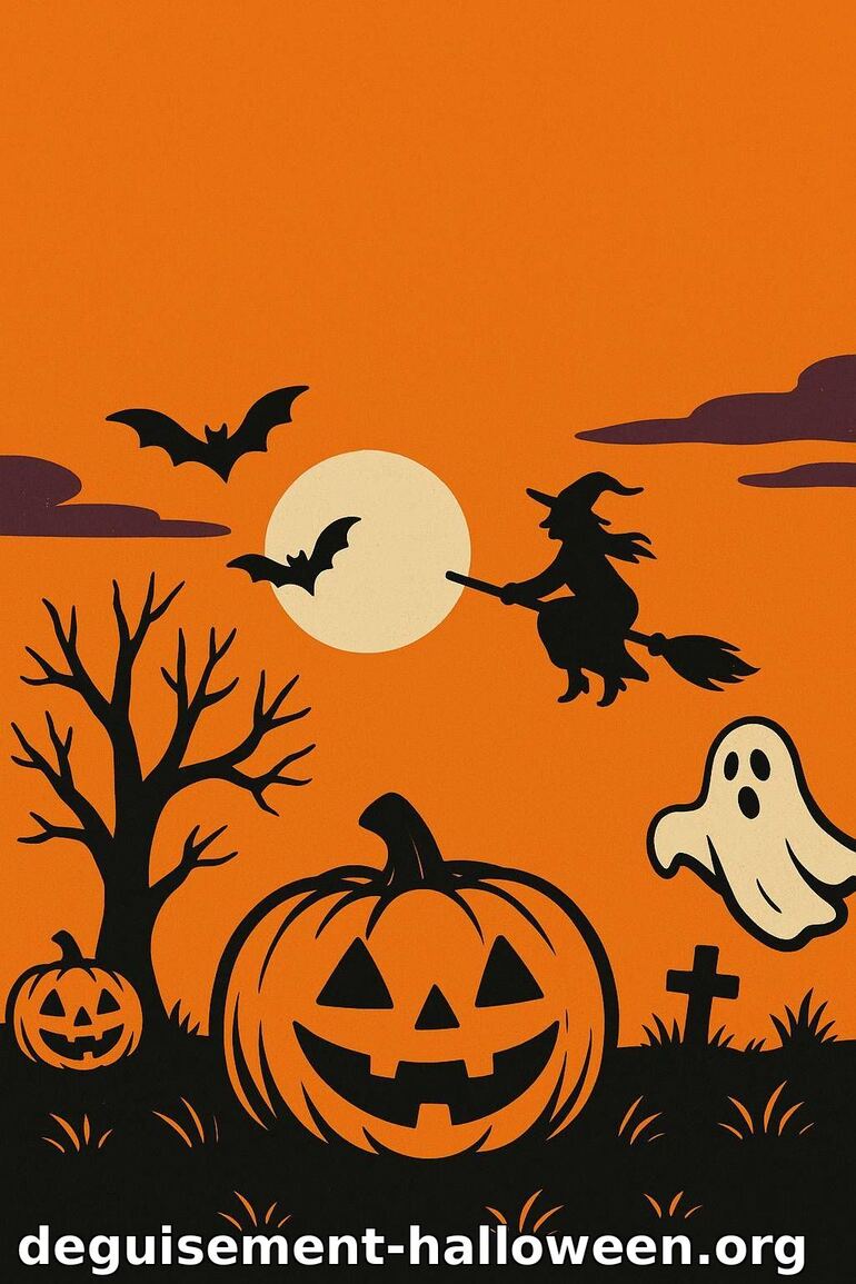 Illustration Halloween : sorcière, citrouilles et fantôme