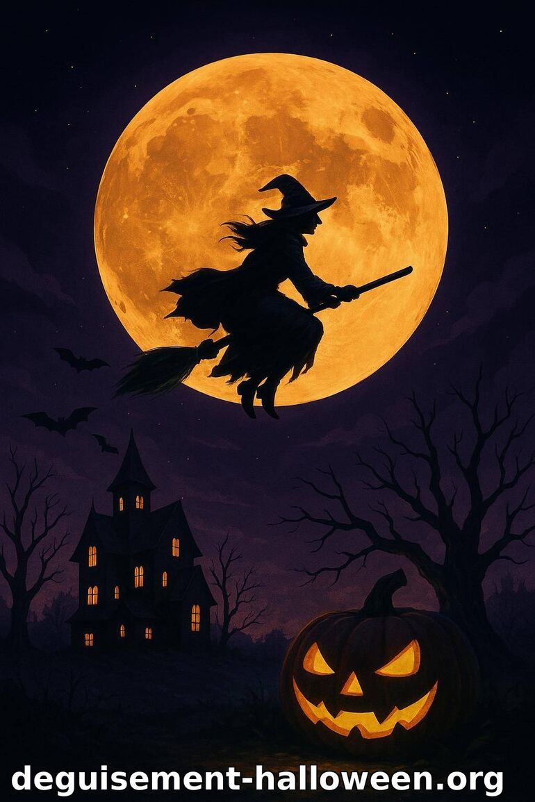 Sorcière volant devant la pleine lune d'Halloween
