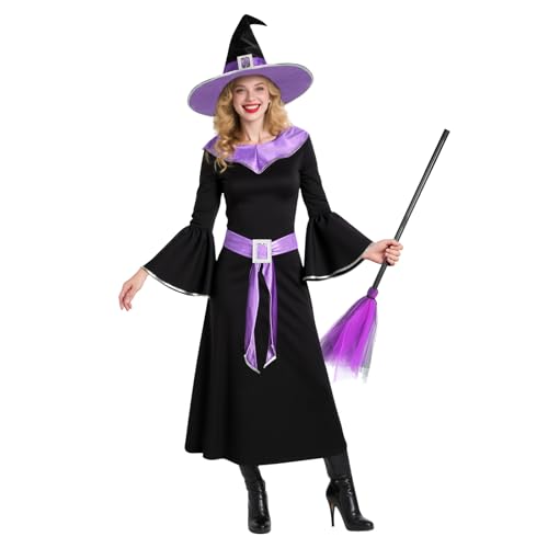 BSBUY Costume Sorcière Femme, Robe Sorcière Adulte avec Chap
