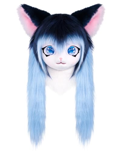 ZFKJERS Masque De Tête De Chat Furry Avec Longs Cheveux En F