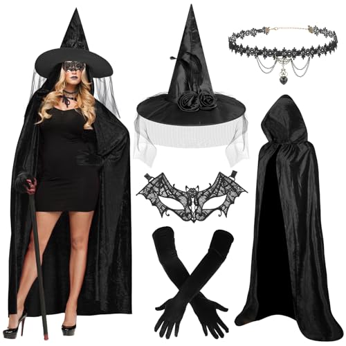 Beipegin Deguisement Sorciere Femme Cape Noire Chapeau Sorci