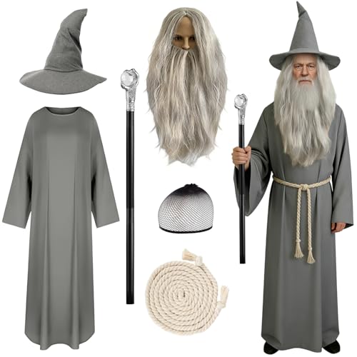 Costume de Sorcier pour Adulte: Chapeau de Sorcier, Robe Gri