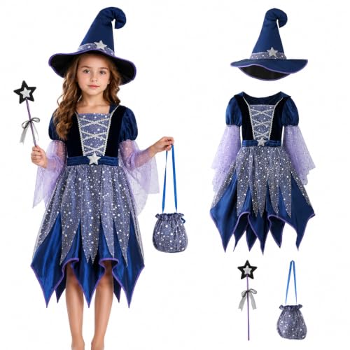 Déguisement Halloween Enfant Fille 4 Pièces, costume sorcièr