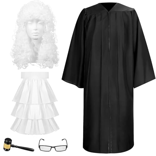 Costume de Juge Adulte 5 Pièces, Robe Noire, Perruque Blanch