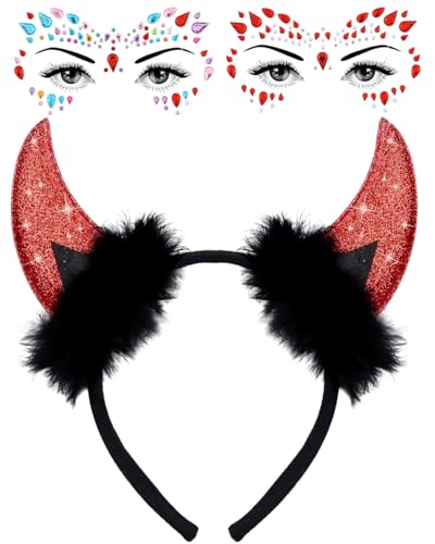 MOPZIJA 1PCS Bandeau Cornes Diable Pailletées avec 2PCS Bijo