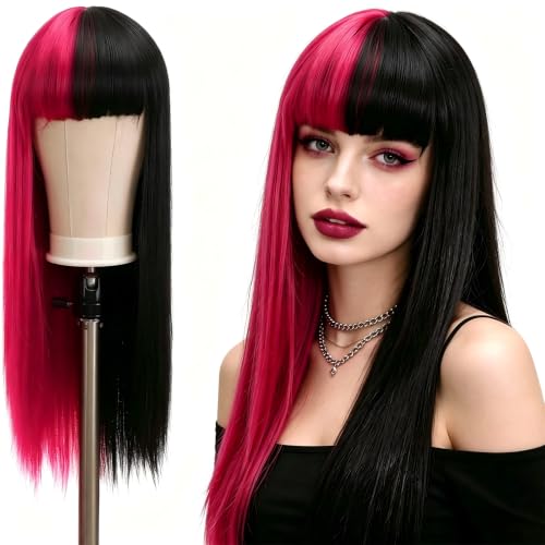 Perruque longue droite bicolore noir et rose de Draculaura p