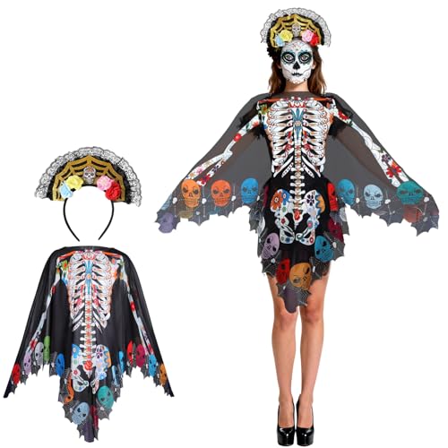 Beipegin Déguisement Squelette Femme,Poncho Squelette Bandea