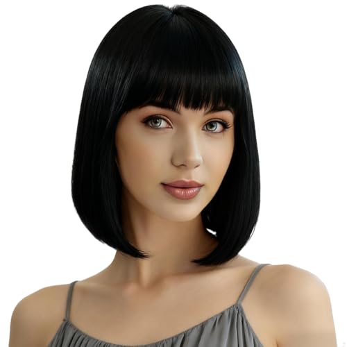 Perruques noires lisses de 30 cm de long, avec frange, coupe