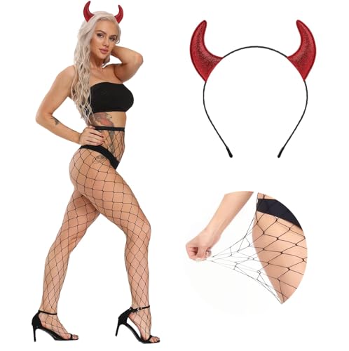 Corne Diable Rouge Bas Resille Noir Collants Résille Cornes