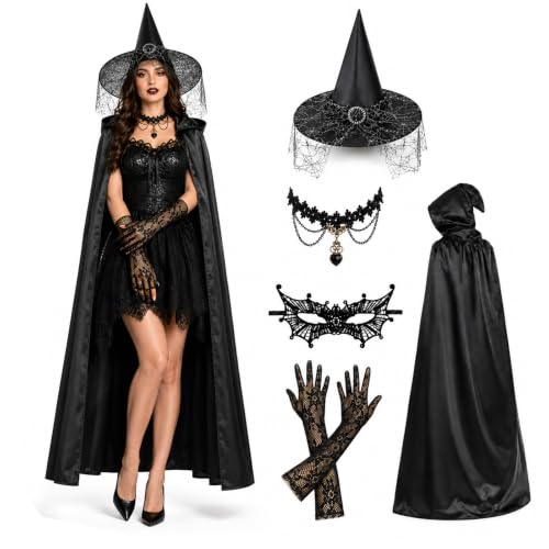 Ensemble 5 Pièces Déguisement Sorciere Femme Cape Noire et C