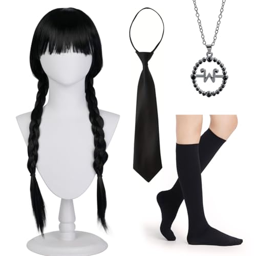 Perruque Mercredi Addams fille, Mercredi avec Colliers Crava