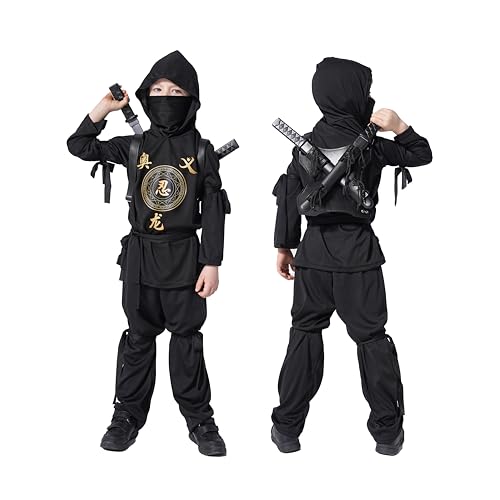 Udekit Costume de ninja noir pour enfants avec capuche, masq
