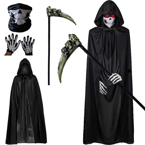 BOOSHMall Costume de Faucheuse, Costume de Faucheuse pour Homme, Costume D'Halloween de La Mort, avec Masque de Crâne, Faucheuse, Cape pour Décoration D'Halloween, Cosplay