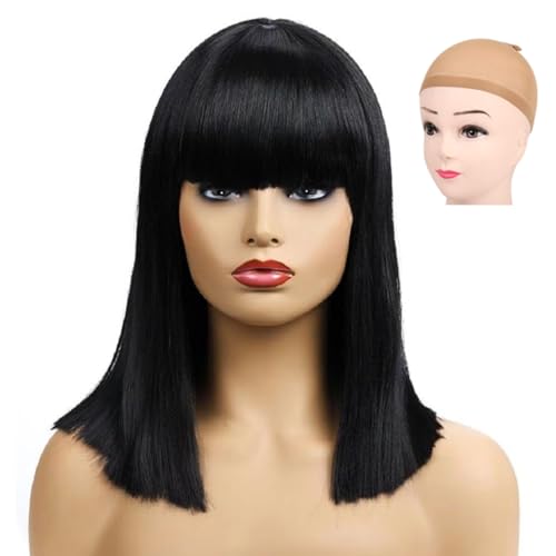 GWAWG Longue perruque Noir et filet à cheveux,Cheveux Synthé