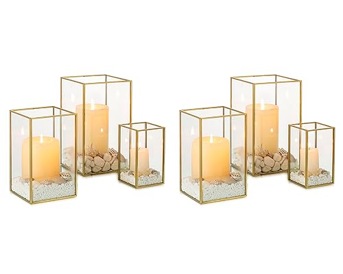 NUPTIO Lanterne Or en Verre Trempé Cheminée 6 Pièces pour Bougies Set Extérieur Carré Décoratif pour Mariage Noël Halloween Ornements Salon Tabletop Cheminée