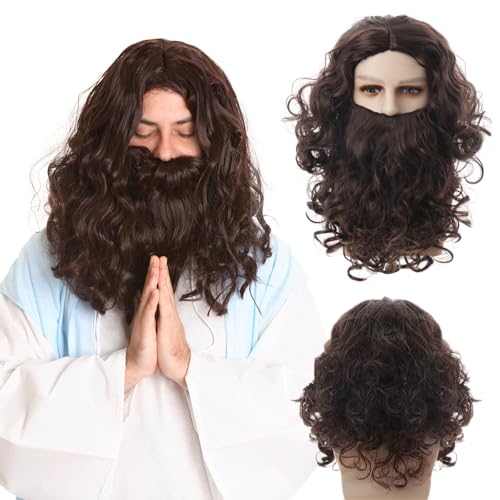 FOUNSHO Perruque et Barbe Longue Marron Foncé Perruque Homme
