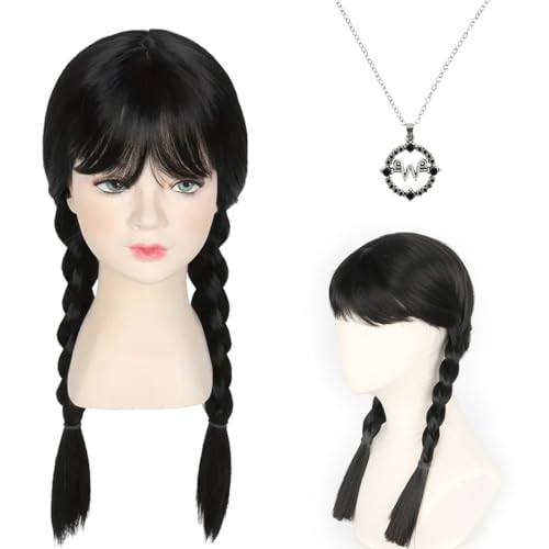 Mercredi Addams Perruque Noire Longue Doubles tressées avec 