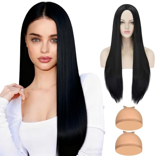 MUNSKT Long perruque droite noir résistant à la chaleur fibr