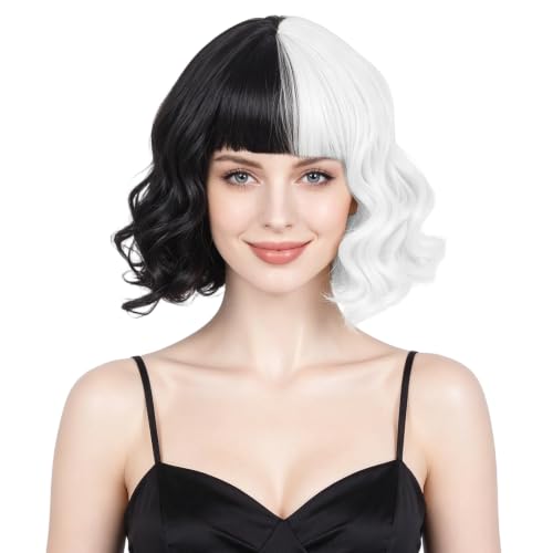 Perruque Courte Noire Blanche, Perruque Ondulés avec Frange,
