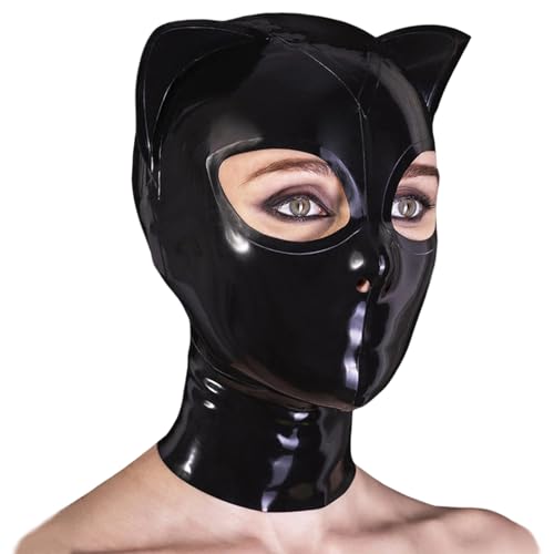 GREEFEI Masque de Chat en Latex avec Capuche et Oreilles Noi