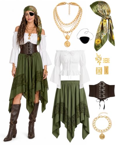 ZJKUBOIS 8pcs Déguisement Pirate Femme, Médiéval Robe Renais