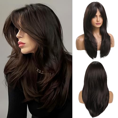 OUFEI Perruque Femme Droite 20Longue Marron Foncé Frange Syn
